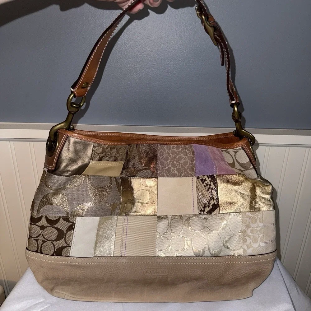 Vintage Coach Rainbow Multicolor Patchwork Shoulder Bag Purse Y2K Leather Suede